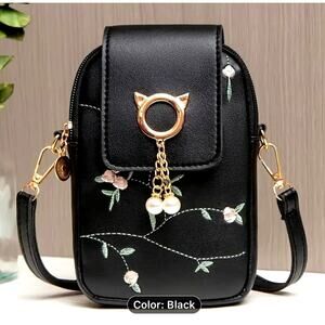 Chic Embroidered Cat Pearls Crossbody Phone Bag Magnetic Closing Black